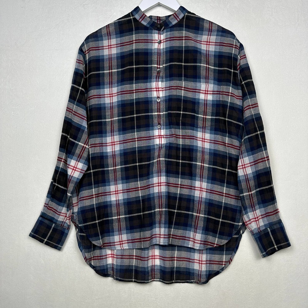 Madewell Women's Size M Plaid‎ Collarless Popover Tunic Top Long Sleeve Henley